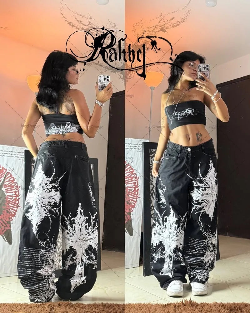 New Hip-hop Punk Harajuku Y2K Streetwear Trousers Women Goth Cross Print Baggy Jeans American Retro High Waist Wide-leg Pants