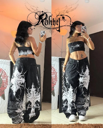 New Hip-hop Punk Harajuku Y2K Streetwear Trousers Women Goth Cross Print Baggy Jeans American Retro High Waist Wide-leg Pants