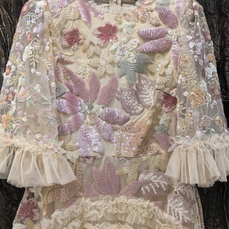 IEQJ Fashion Pink Embroidered Sequins Dress Women's Round Neck Ruffles Half Sleeves Ankle-length Dresses New 3A132 Badiee Stylez