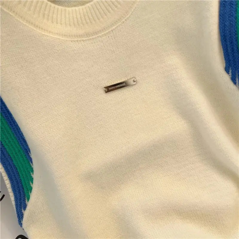 Summer New Fashion Patchwork Knitted Tanks Women Vintage Loose O-neck Soft Comfortable Casual Sleeveless Tops