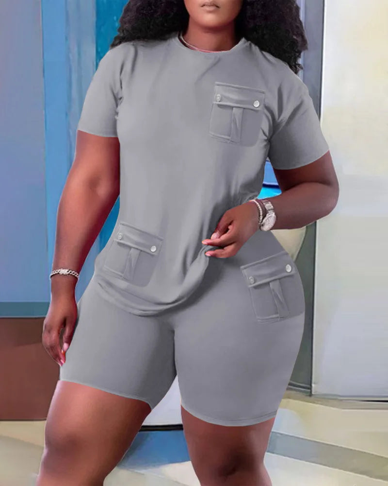 Women Two Piece Shorts Sets Solid Round Neck T Shirts Pockets Elastic Waist Short Trousers Suits Leisure Ladies 2025 Summer