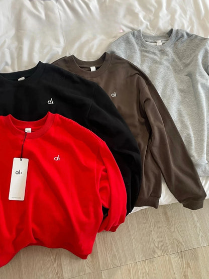 Fashion Trends Solid Long Sleeves Top Spring Black Red Round Neck Sweatshirts Simple Classic Letter Loose Casual Sports Top