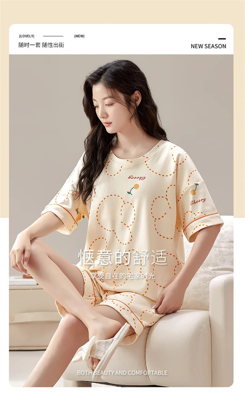 Summer 100% Cotton Women's Pajamas With Padded Bra Sweet Princess Cartoon Comfortable Short Sleeve Shorts Pajama Sets