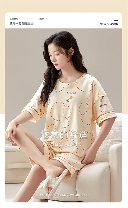 Summer 100% Cotton Women's Pajamas With Padded Bra Sweet Princess Cartoon Comfortable Short Sleeve Shorts Pajama Sets