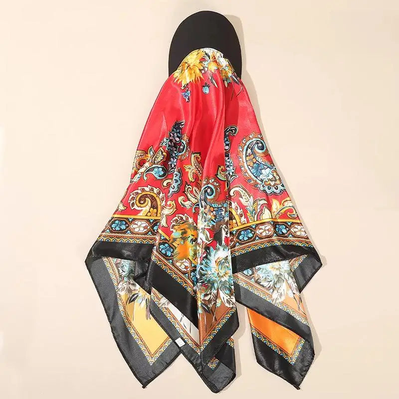 Outdoor Satin Silk Headscarf Hat with Brim 2-in-1 Sun Hat and Headband Elegant Printed Square Scarf Cap