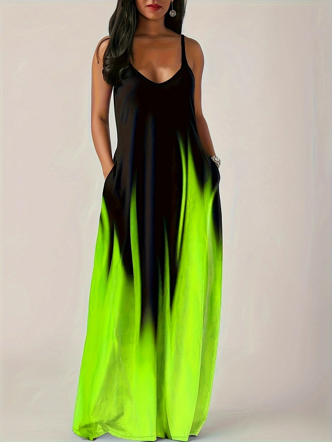 Plus size Summer cool style camisole long dress abstract fashion print temperament street dress green