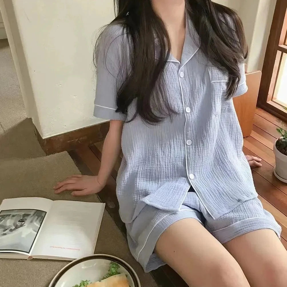 Summer Soft Cotton Linen Nightgown Women's ort Sve Home Clothes Two-Piece Set Cute Youth Polyester Fiber Thin Fabric 3148Fog blue
