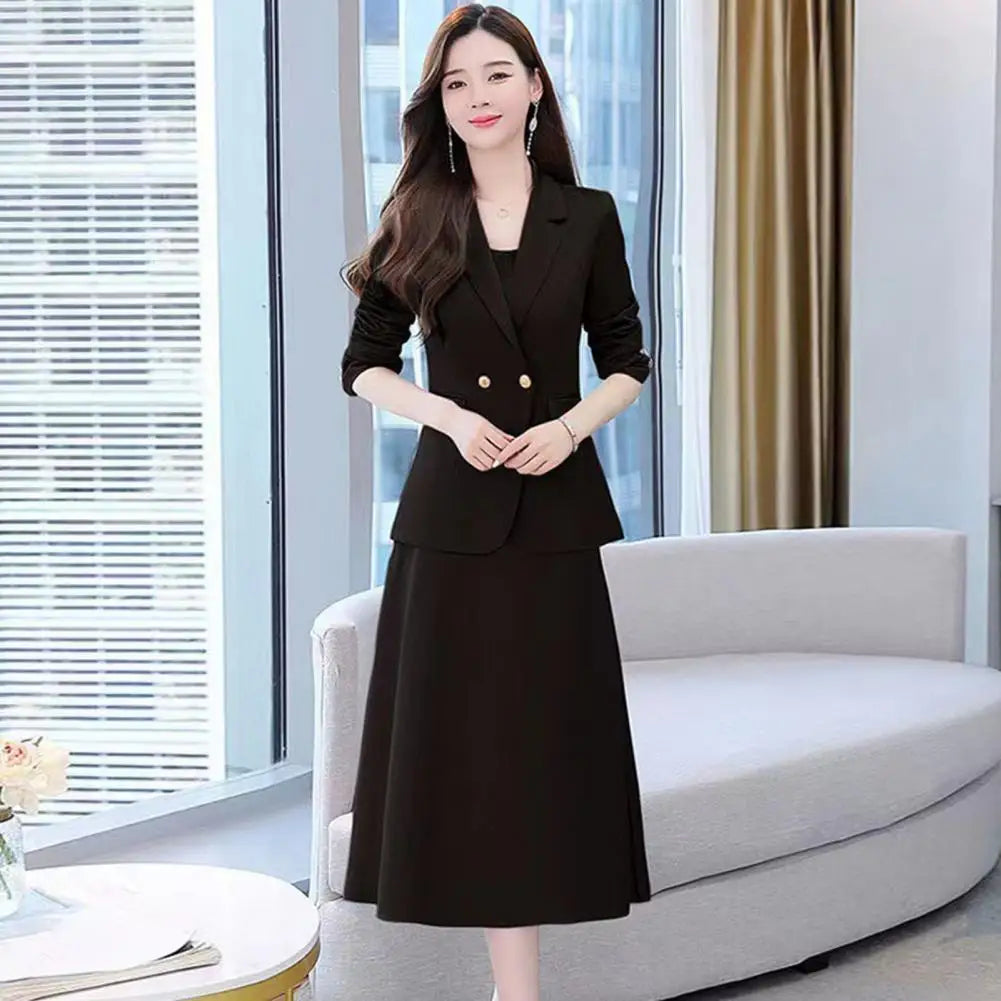 2Pcs/Set Summer Women Suit Dress Outfit Solid Color Mid-length Lady Dress Sets Light Luxury Commute Sling Dress Coat Set