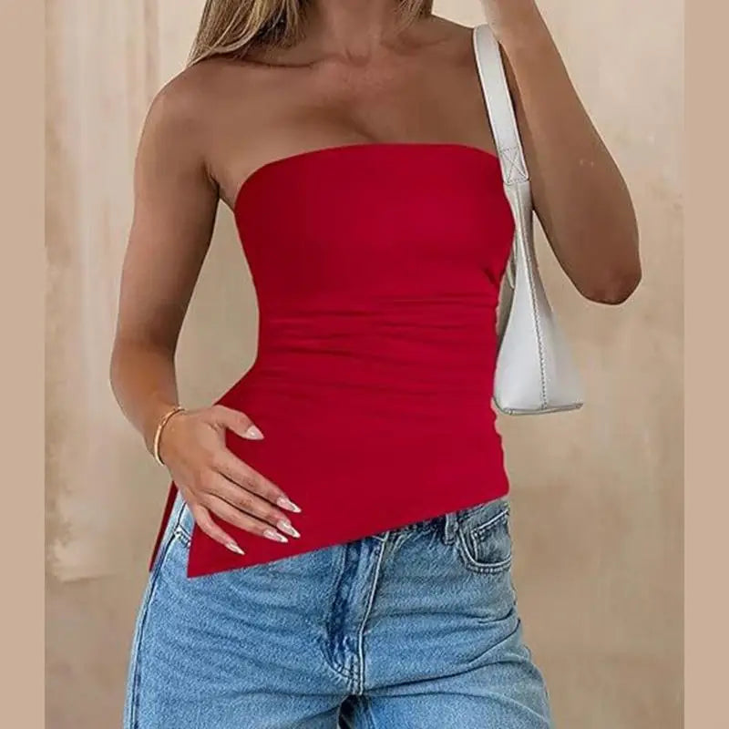 920L Strapless Ruched Asymmetrical Tube Top for Women Off Shoulder Bandeau Shirt Solid Color Side Split Fit Top
