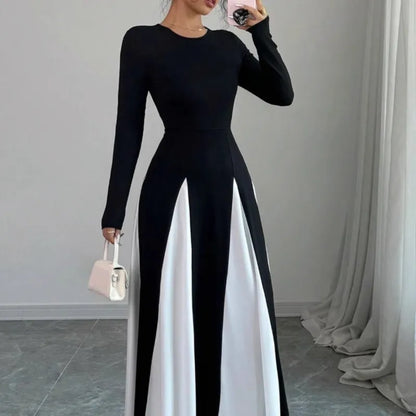 2025 Spring & Autumn Women's Long Sleeve Round Neck A Line Contrast Color Dress, Stylish Black & White Patchwork Long Dress