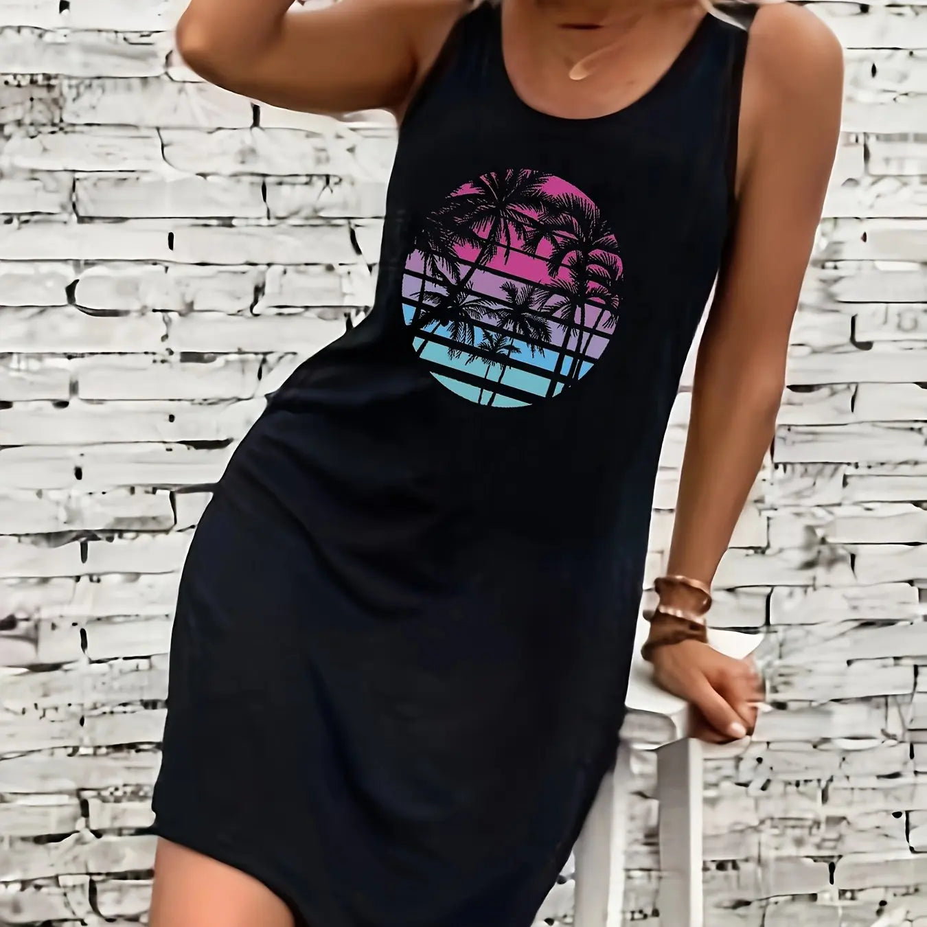 Women's Summer Sleeveless Tank Top Dress Sexy Women's summer loose sleeveless short mini dress with black print