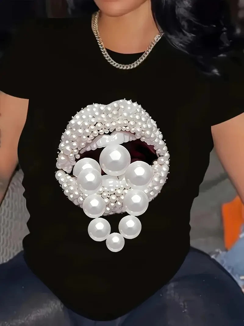 Pearl Lips Graphic T Shirts Plus Size Tops Women T-shirt Round Neck Short Sleeve Trendy Tee Shirt Streetwear black
