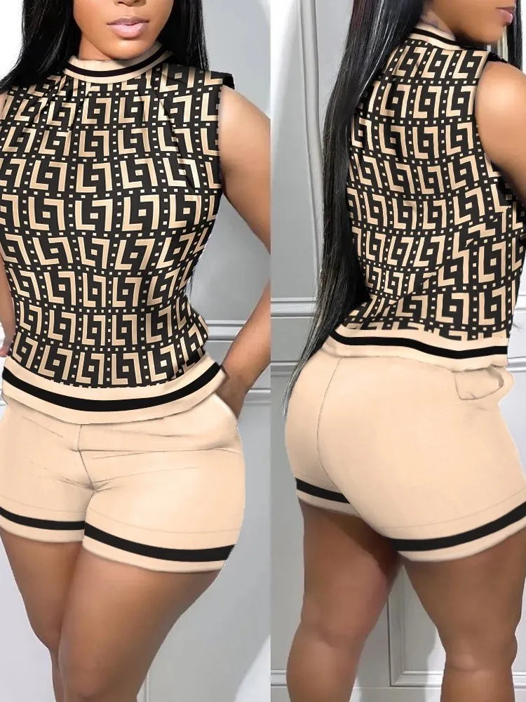 Summer New Street Trendy Women's Polyester Sexy Sleeveless Fashion Print Casual Round Neck 3/4 Shorts Sleeveless Comfortable Set