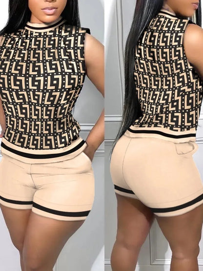 Summer New Street Trendy Women's Polyester Sexy Sleeveless Fashion Print Casual Round Neck 3/4 Shorts Sleeveless Comfortable Set