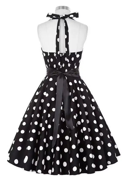 Women Summer Polka Dot Vintage Dress Fashion Party Office Lady Rockabilly Big Swing Halter Clothes