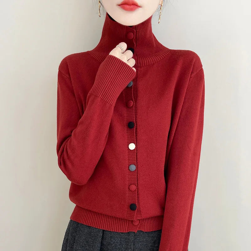2024 New Cashmere Cardigan Women Long Sleeve Sweaters Cashmere Cardigan Autumn Winter Women Knitwear Fashion Coat Cherry red