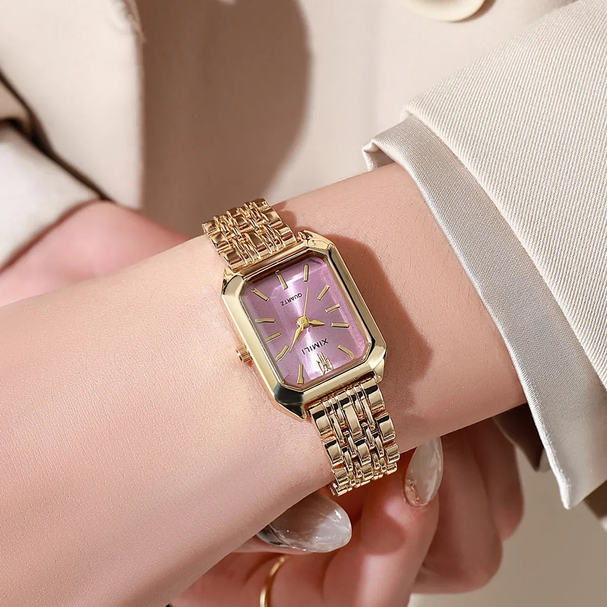 Women Watches Business Luxury Ladies Fashion Quartz Watch Simple Scale Square Quality Gold Plated Stainless Steel Folding Clock Pink No