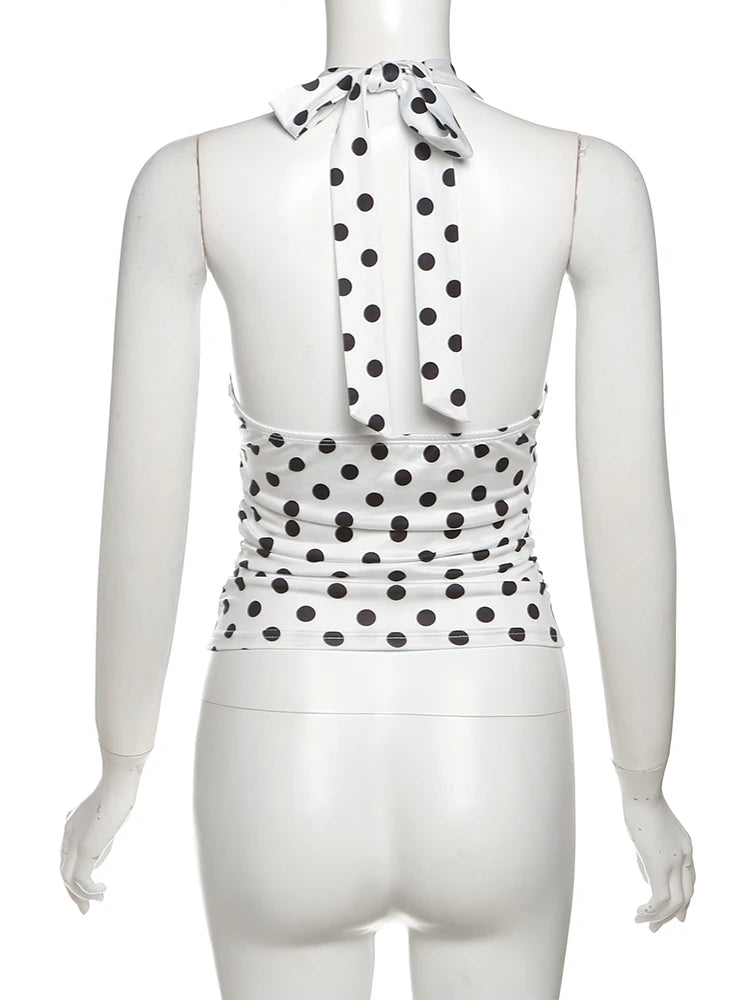 weird Puss Polka Dot Print Vest Women Y2K Lace-Up Backless Halter v-Neck Skinny Summer Trend Daily Street Basic Chic Tank Tops