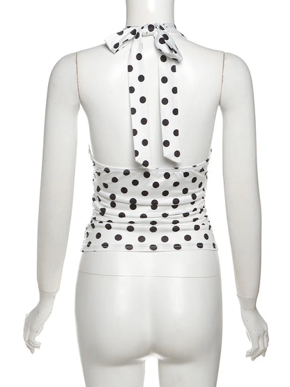 weird Puss Polka Dot Print Vest Women Y2K Lace-Up Backless Halter v-Neck Skinny Summer Trend Daily Street Basic Chic Tank Tops