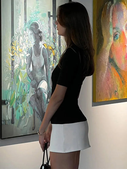 Summer 2025 Turtleneck Half Sleeve Mini Dresses French Style Fashion Elegant Black And White Patchwork Bodycon Dress