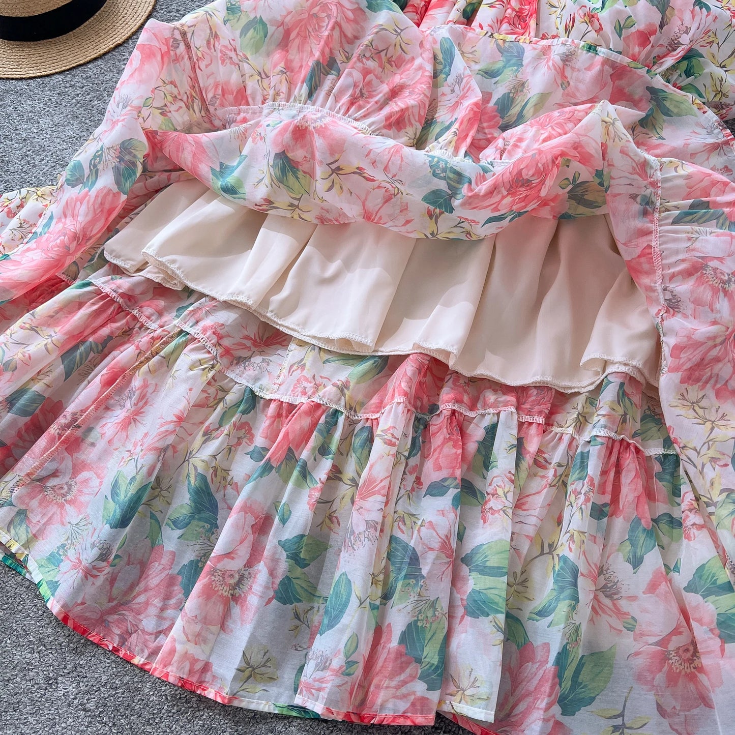 Chic vintage long sleeve lantern sleeve V-neck print pleated Elegant Fairy korean dress women clothing Long dress