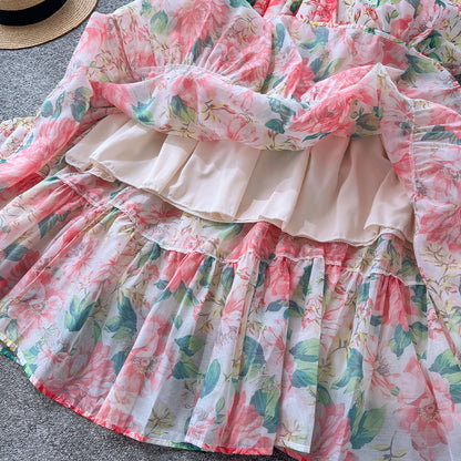 Chic vintage long sleeve lantern sleeve V-neck print pleated Elegant Fairy korean dress women clothing Long dress