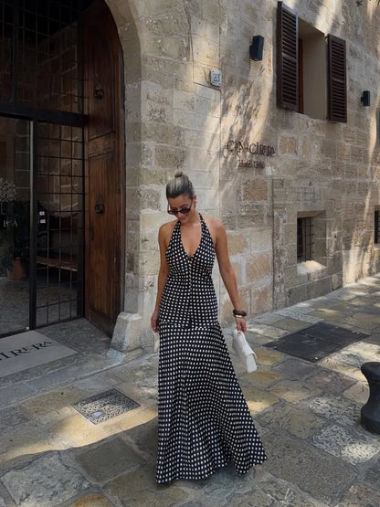 Trendix Polka Dot Print Backless Dress Women Summer Sexy Deep V Neck Sleeveless Off Shoulder Maxi Dresses Elegant Evneing Dress
