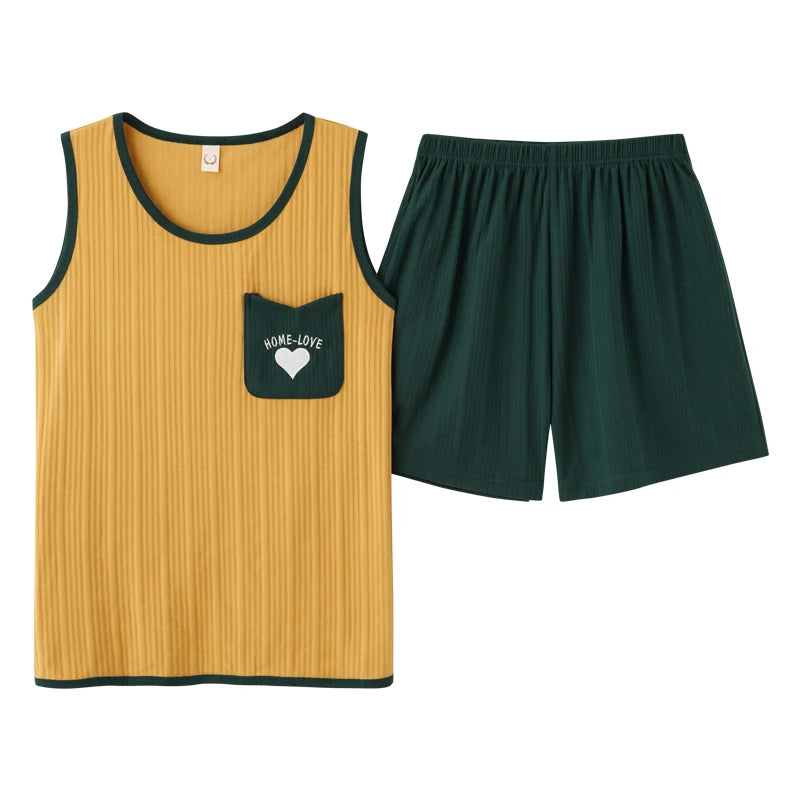Women Pajamas Set Summer Sexy Sleepwear Sleeveless Lingerie Cotton O-Neck Pure Color Vest + Print Shorts 2 Piece Sets 4XL пижама FB-Y4582