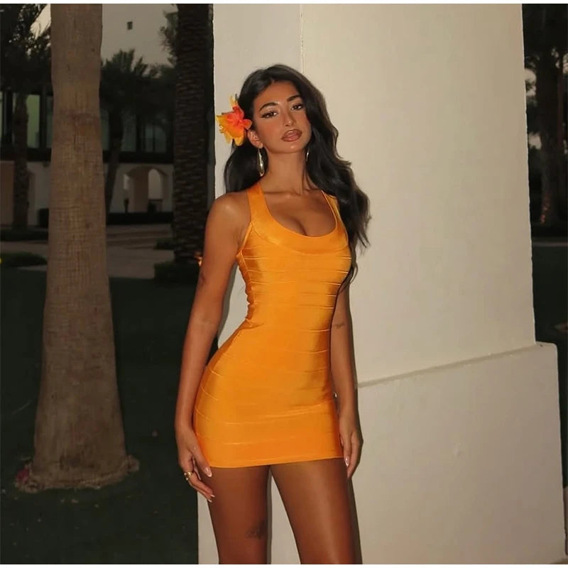 Pink Pleated Knitted Bandage Dress Women Sexy U Neck Sleveeless Slim Vestidos 2025 Summer Party Birthday Lady Mini Dresses Chic