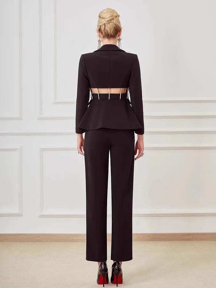 Designer Women Diamonds Hollow Out High Waist Slim Fit Blazers Top Straight Pants Two Piece Set Party Office Ladies Suits Set Badiee Stylez