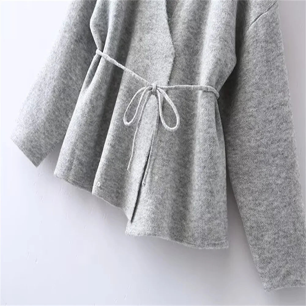 Women Solid Color Lace-up Knitted Sweater Jacket Female Cardigan with Belt Autumn and Winter Woolen Simple Cardigan Sweater