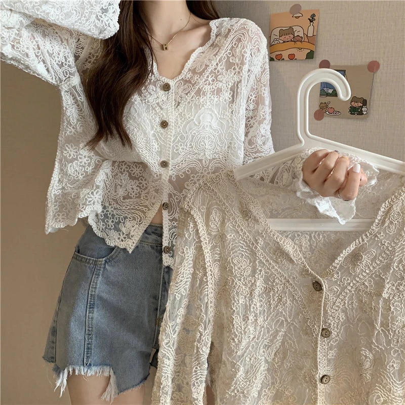 Vintage Summer Lace Blouses Women See Through Sheer Long Sleeve Sun Shirts Korean Style Casual Sun Protection Sexy Ladies Tops