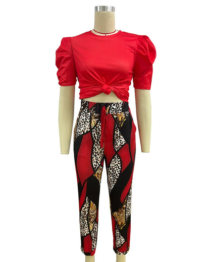 Summer Women's New Short Sleeved Pants Two-piece Commuting Fashion Printed Drawstring Sexy Exposed Waist Pants Set