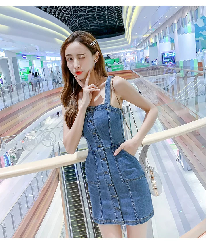 Denim Dress Summer Spaghetti Strap Sundress Vintage Casual Solid Retro Chic Sexy Jeans Button Front Blue Party Dress Women 2022