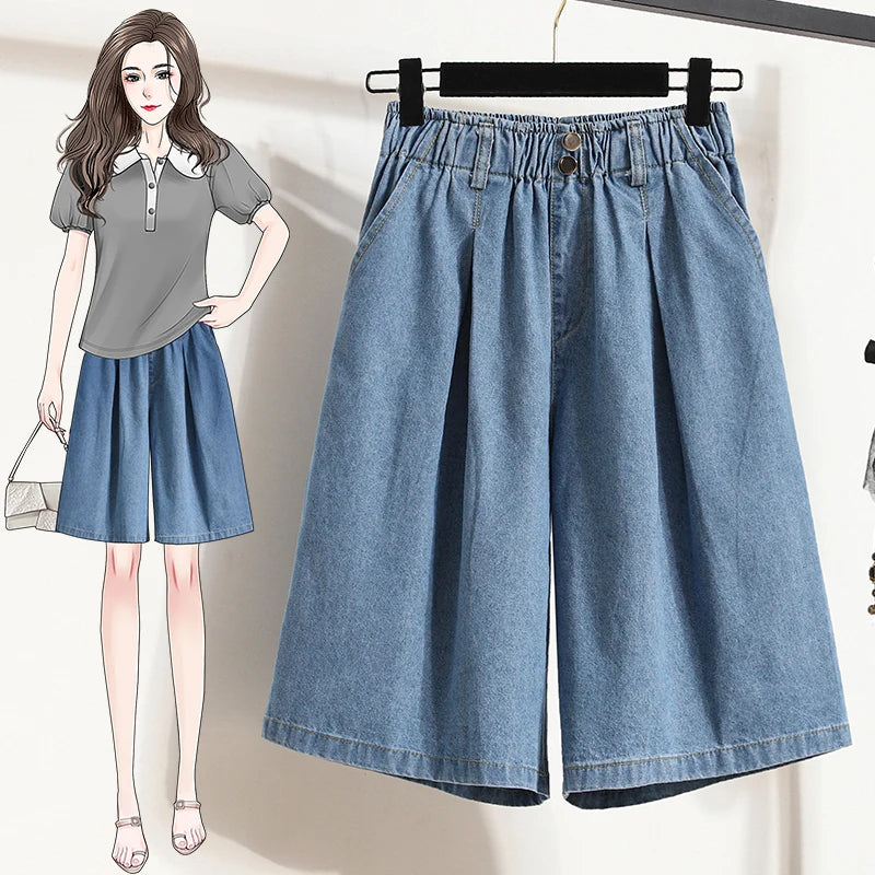 High Waist Wide Leg Loose Denim Shorts Women 2024 Summer New Arrivals Half Length Blue Color Jeans Shorts Korean Casual Jeans
