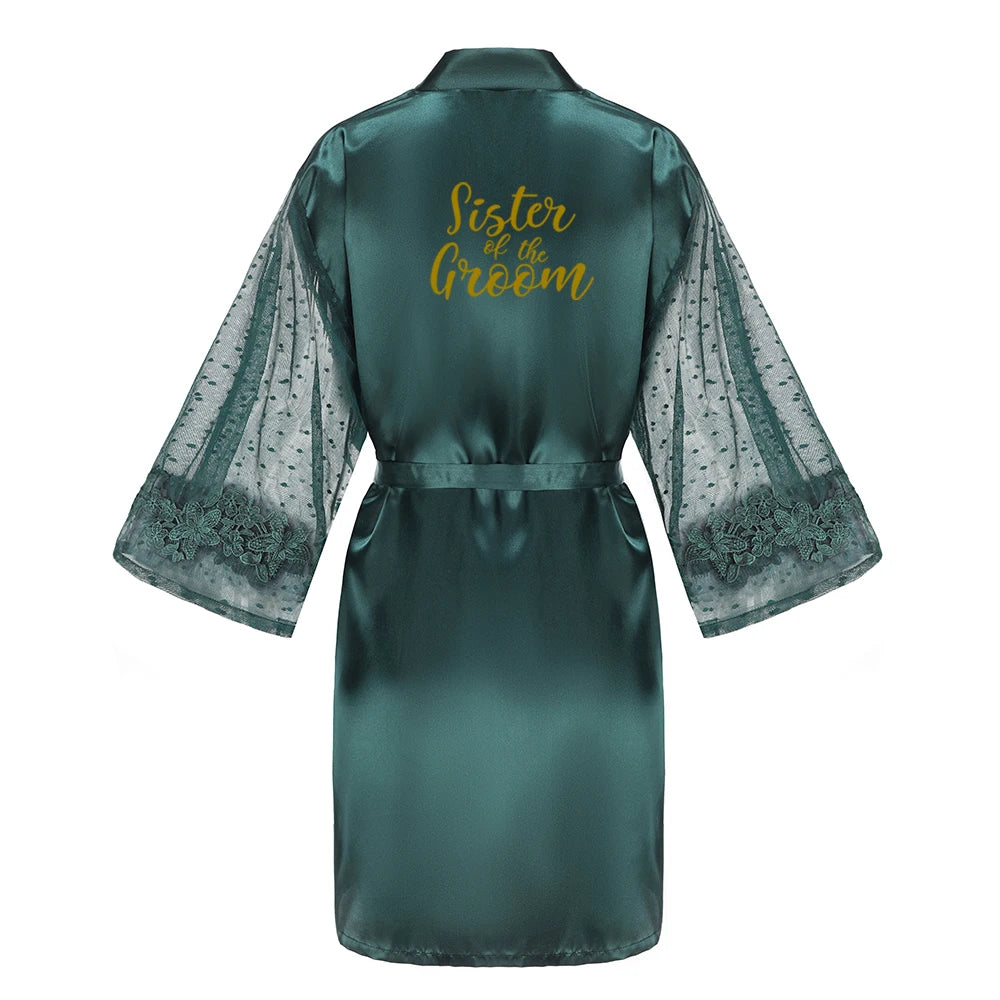 Green Bridesmaid Wedding Party Team Bride Robe With Gold Letters Lace Mesh Sleeve Kimono Satin Pajamas Mother Bathrobe As the photo show 4