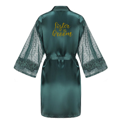 Green Bridesmaid Wedding Party Team Bride Robe With Gold Letters Lace Mesh Sleeve Kimono Satin Pajamas Mother Bathrobe As the photo show 4