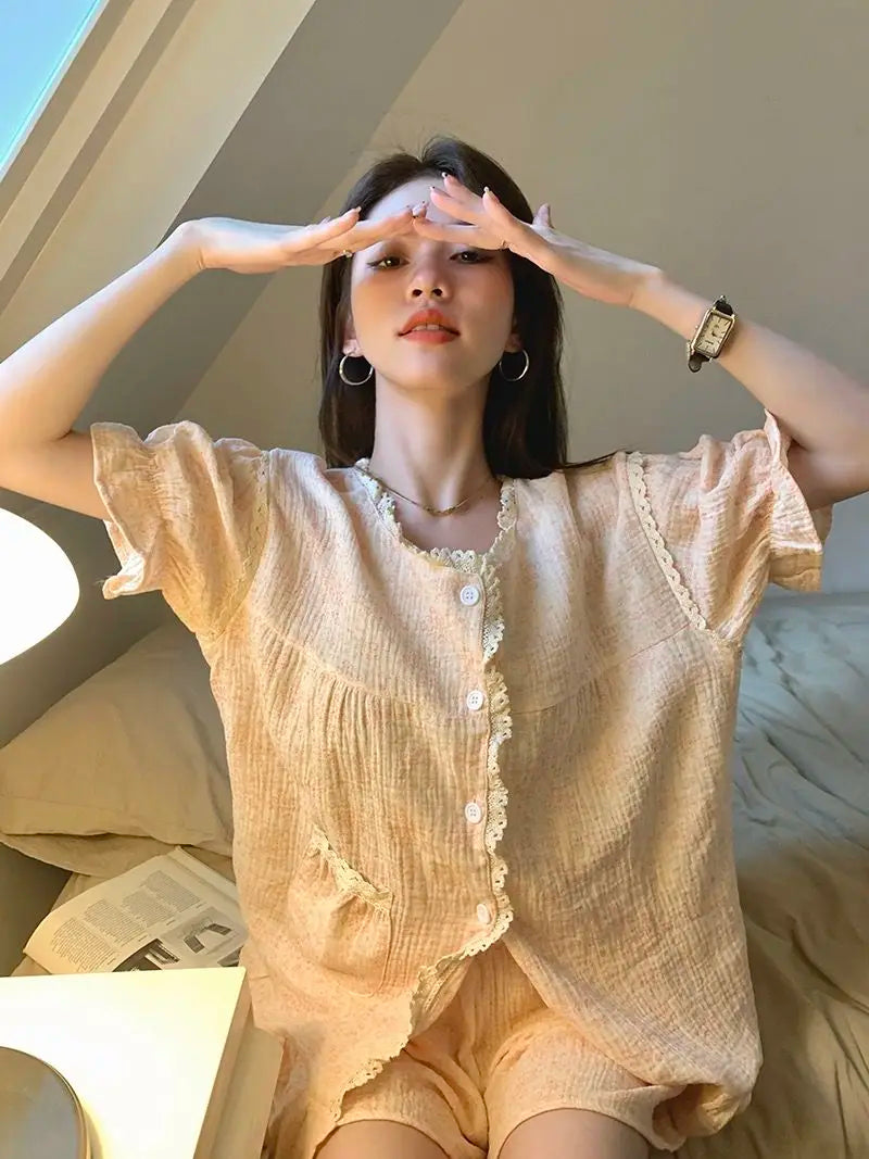 Ruffles Women Pajamas Sets for Home Summer Floral Sleepwear Shorts Sleeve Lace 2 Pieces Button Night Wears Korean Home Suit 2024