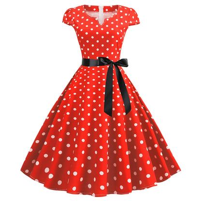Woman Retro Dresses Audrey Hepburn 1950s 60s Rockabilly Polka Dot Printed Bowknot Pinup Ball Gown Party Dress Robe Vestidos Red