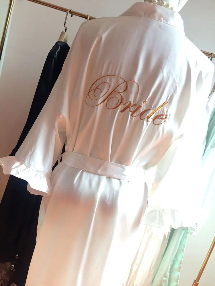 Personalized Embroidered Robe Ruffle Bridesmaids Silk Robes Bride Wedding Day Embroider Kimono Customizable Elements Kimono Robe