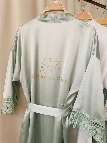 Personalised Robe Green Custom Bridal Robe Wedding Bridesmaid Kimono Sage Green Bathrobes Silky & Lace Detail Bridal Party Dress