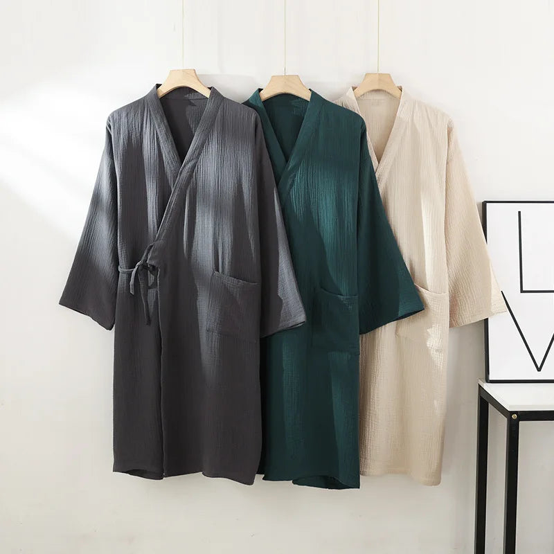 2025 Japanese New Spring/Summer Couple Kimono Robe 100% Cotton Crepe Cloth Men's and Women's Bathrobe Thin Home Sleeping Robe