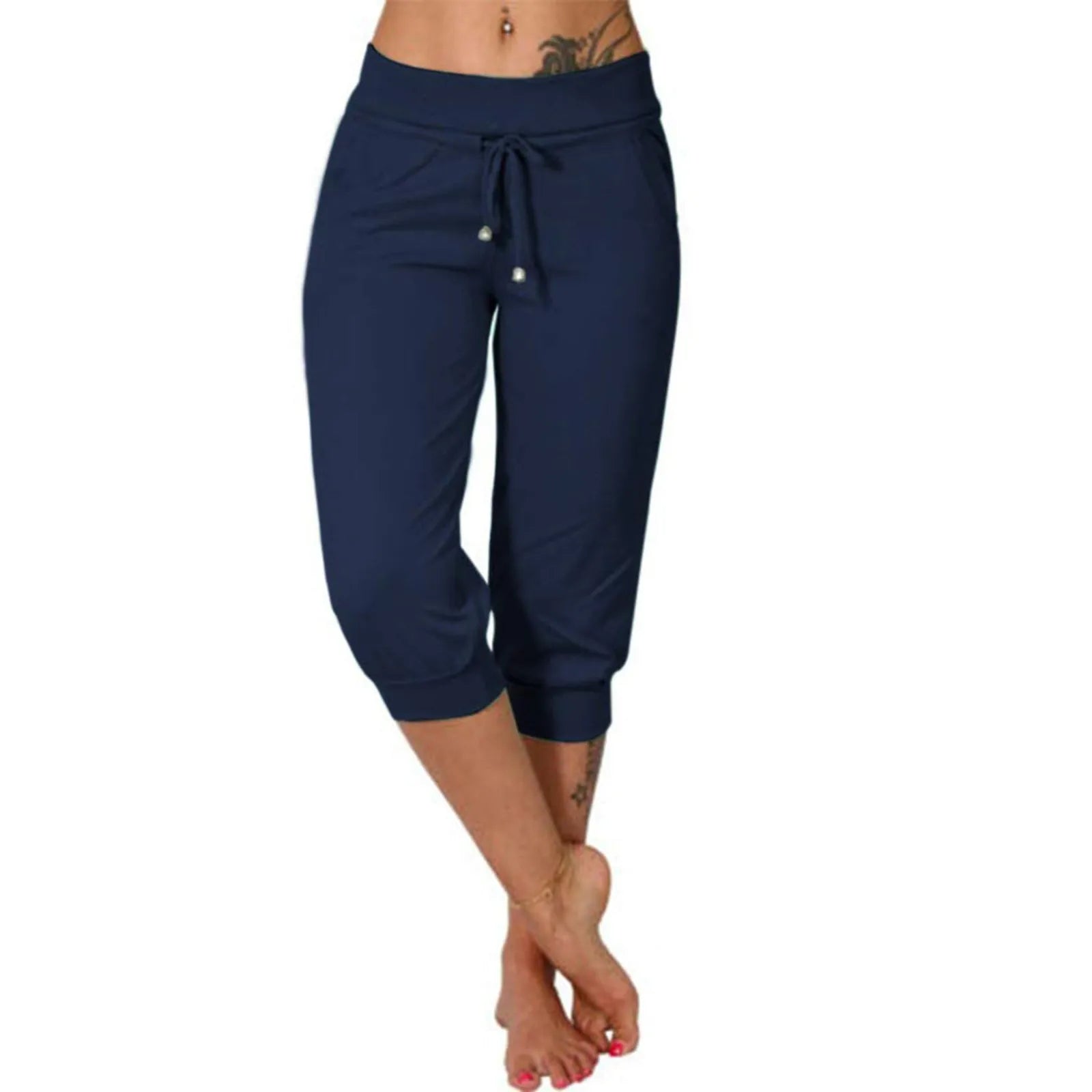 Classic Solid Color Jogging Pants Women Cotton Linen Capris Trousers Bandage Double Pocket Pants Summer Beach Vacation Wear Navy