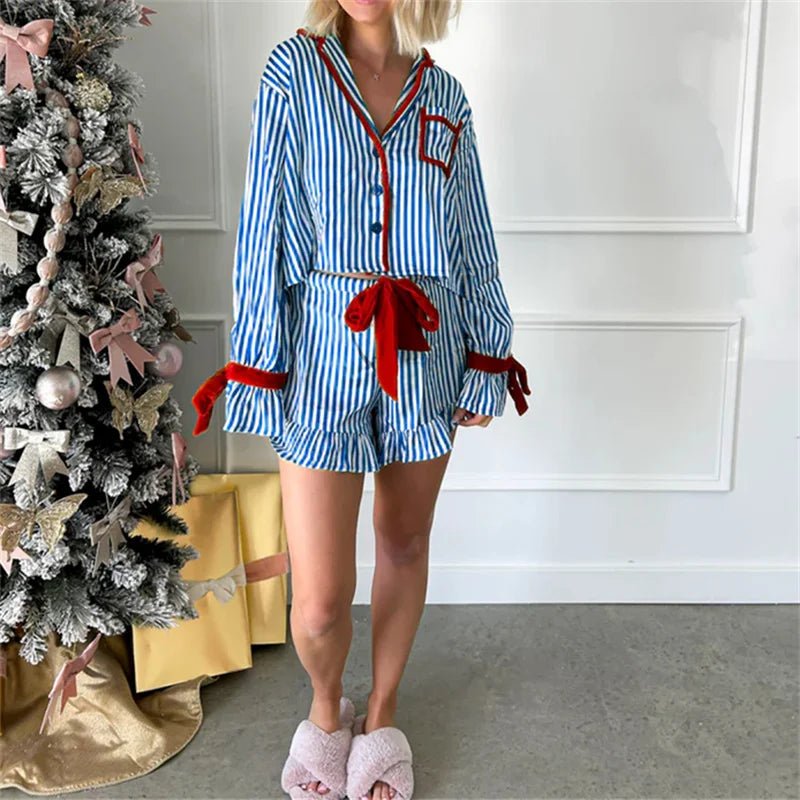 Striped Loungewear Christmas Pajamas Shorts Set Women Y2k Cute Bow Tie Pjs Button Up Shirt+Ruffle Shorts 2 Piece Sleepwear