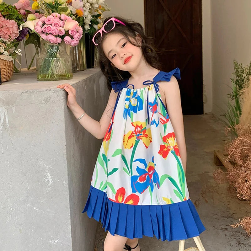 Girl Suspender Fluffy Dress Korean Style Summer Kids Flowers Printing Beach Princess Skirt Girls Breathable Knee-Length Dress