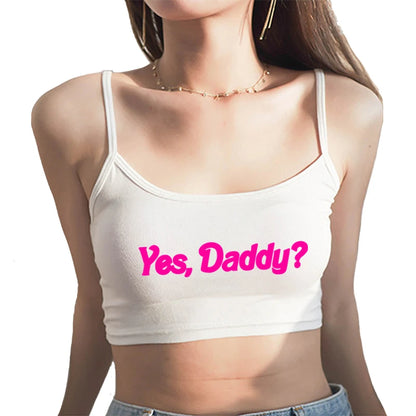 YES DADDY Pink Letters Print Summer Women's Crop Top Sexy Elastic Cotton Camis Sleeveless Short Tank Top Bar Tops Women