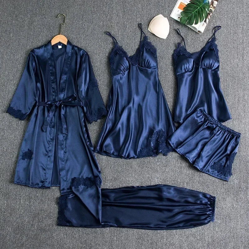 5-piece Set of Women's Sleepwear Sexy Silk Nightgown Lace Satin Nightgown V-neck Vest Breathable Comfortable Women's Nightgown Navy