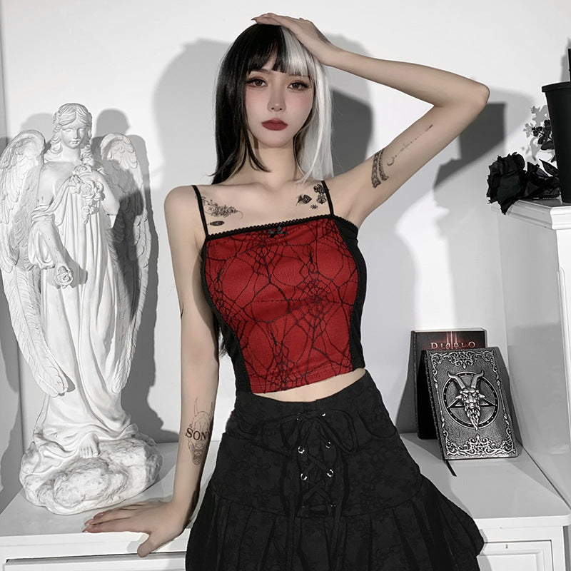 Gothic Cami Tops Y2K Aesthetic Grunge Mall Goth Crop Top Mesh Spider Net Lace Tank Lace Top E-girl Harajuku Slim Tees
