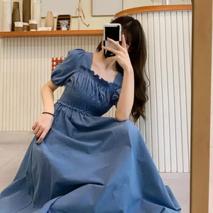 Summer Women Dress Pleated Shirring Square Neck Short Sleeve Bubble Sleeve Ladies Dress Solid Color Loose Hem Midi Dress