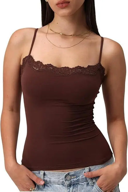2025 Women Lace Tanks Top Spaghetti Strap Lace Square Neck Sleeveless Match Pants Soft Pullover Summer Camisole Women Clothes Brown